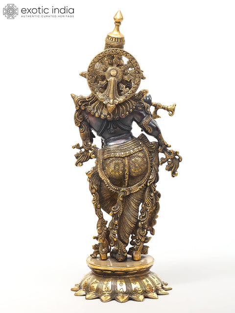25" Superbly Adorned Lord Krishna Standing on Lotus Pedestal Playing Flute In Brass | Handmade | Made In India