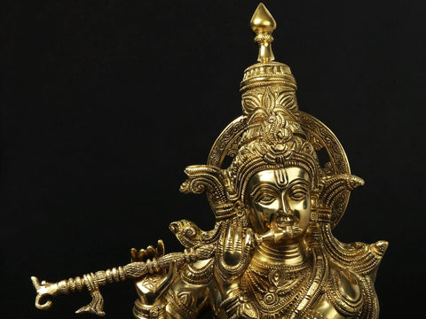 25" Superbly Adorned Lord Krishna Standing on Lotus Pedestal Playing Flute In Brass | Handmade | Made In India