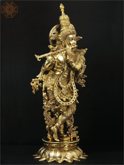 25" Superbly Adorned Lord Krishna Standing on Lotus Pedestal Playing Flute In Brass | Handmade | Made In India