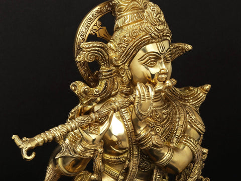 25" Superbly Adorned Lord Krishna Standing on Lotus Pedestal Playing Flute In Brass | Handmade | Made In India