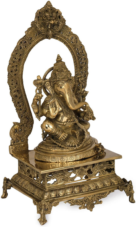 21" Lord Ganesha Seated on Prabhawali Throne In Brass | Handmade | Made In India