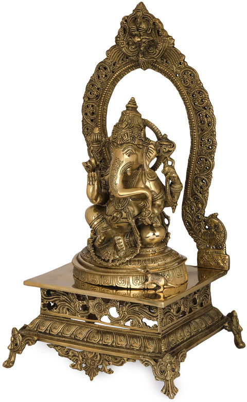 21" Lord Ganesha Seated on Prabhawali Throne In Brass | Handmade | Made In India