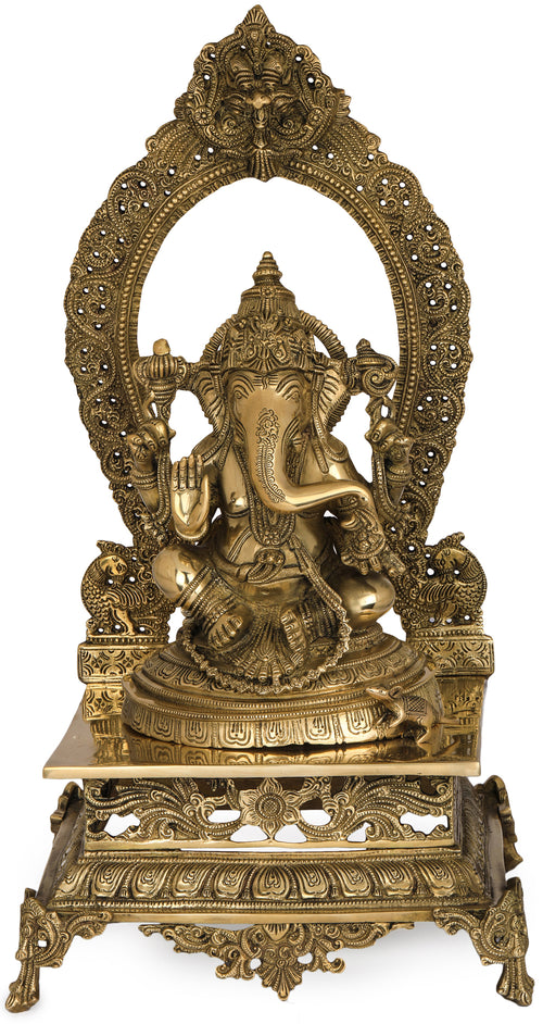 21" Lord Ganesha Seated on Prabhawali Throne Brass Statue Handmade