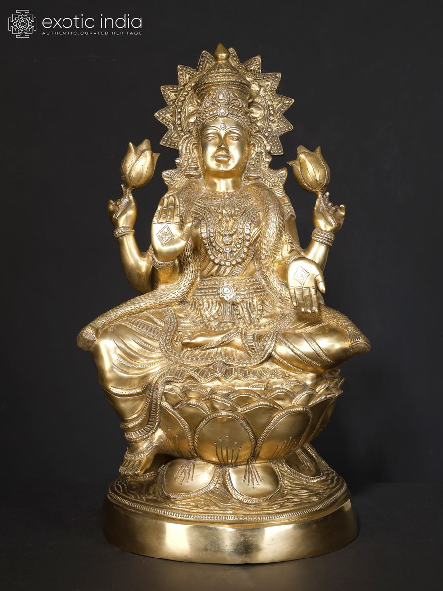 23" Goddess Lakshmi Seated on Lotus Brass Statue Handmade