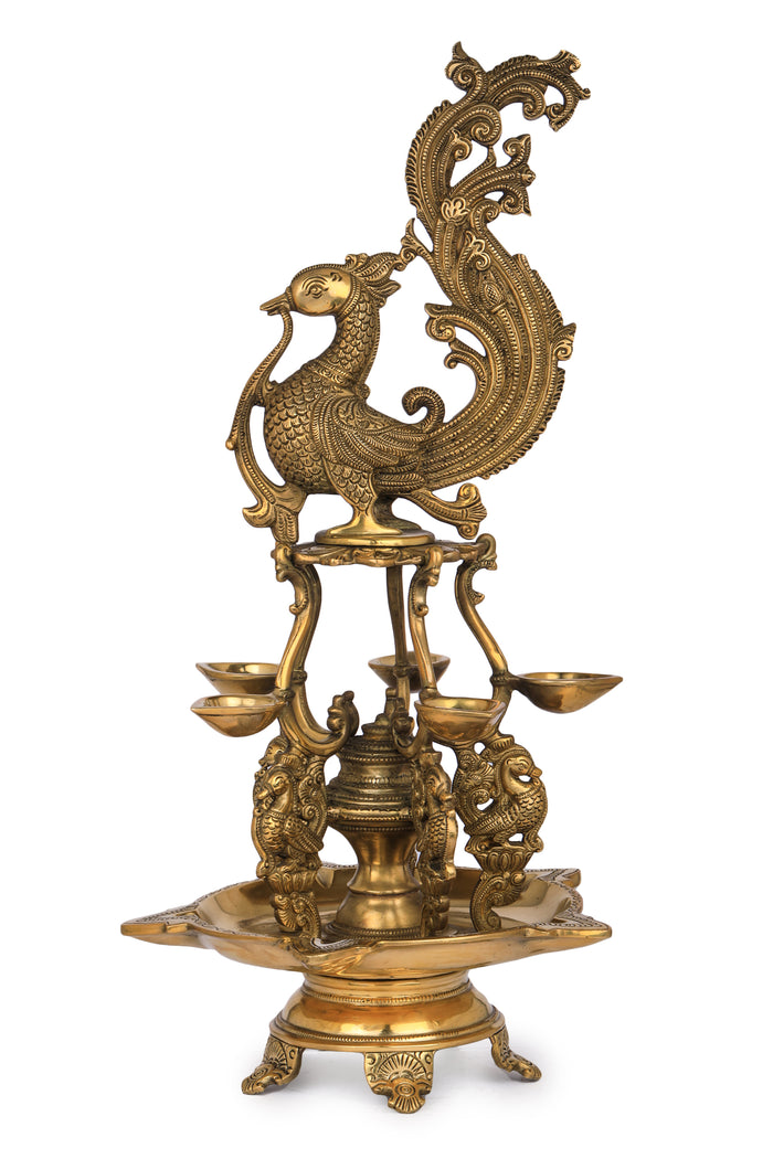 19" Handmade Brass Peacock Ten Wick Oil Lamp for Pooja