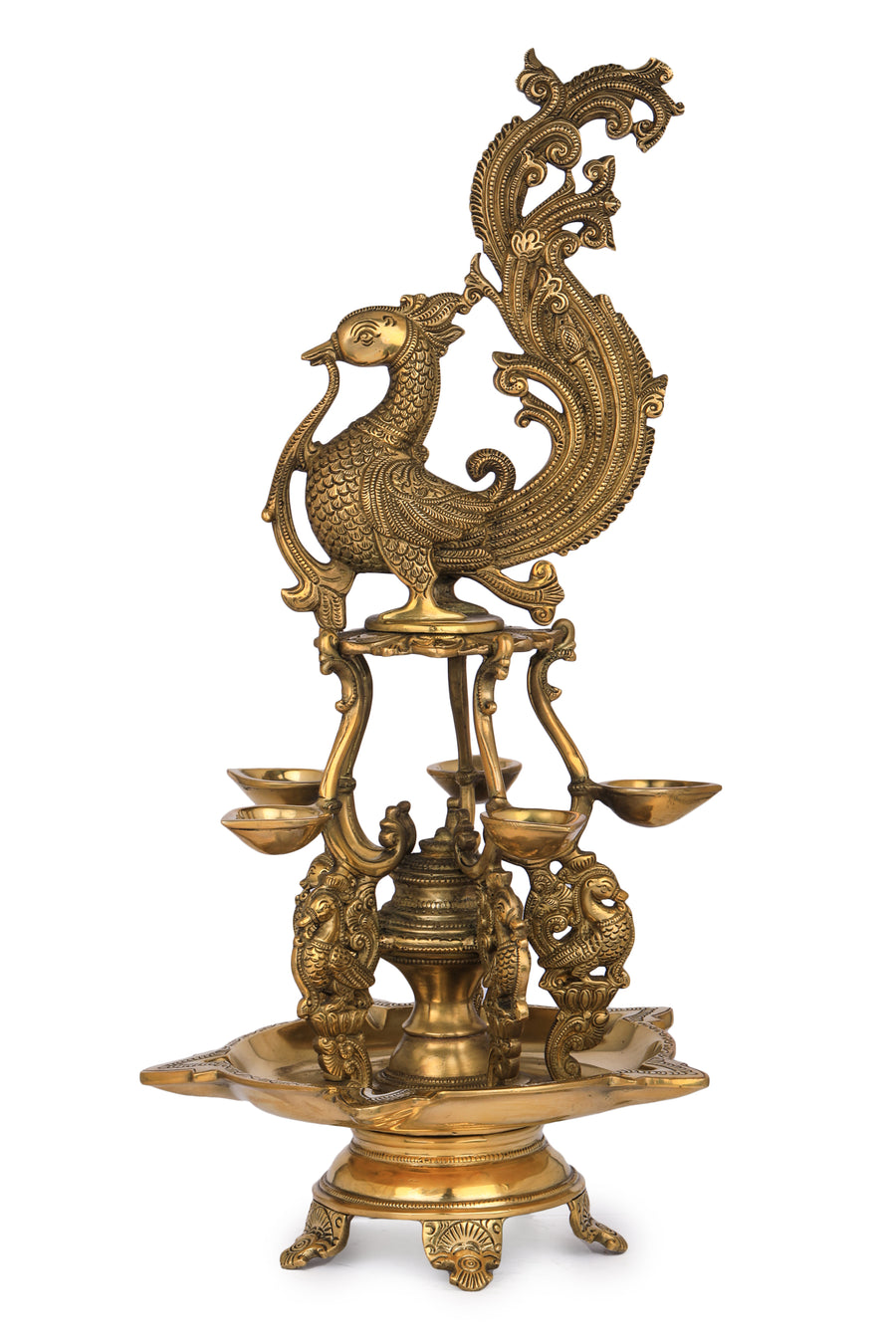 19" Handmade Brass Peacock Ten Wick Oil Lamp for Pooja