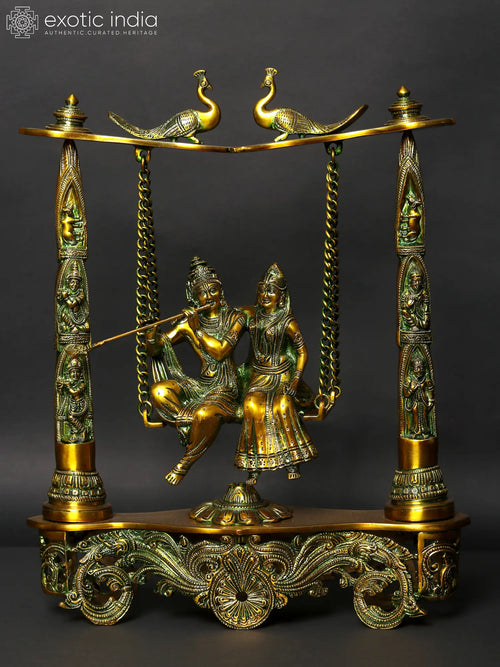 18" Handmade Brass Radha Krishna Peacock Swing Statue