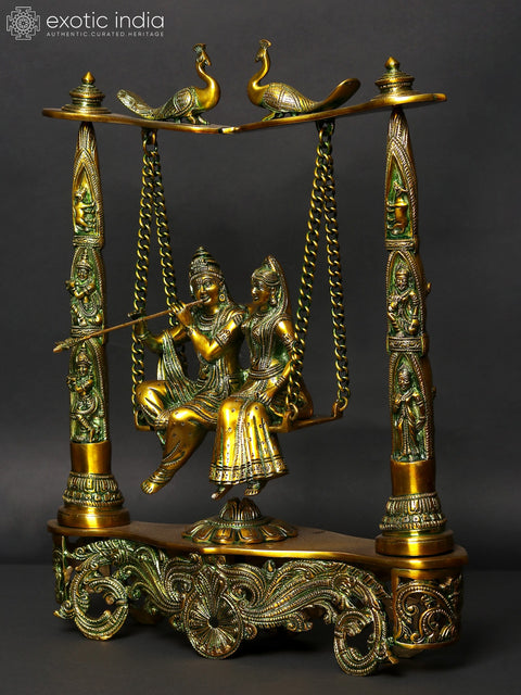 18" Brass Radha Krishna Statue on Peacock Swing | Handmade