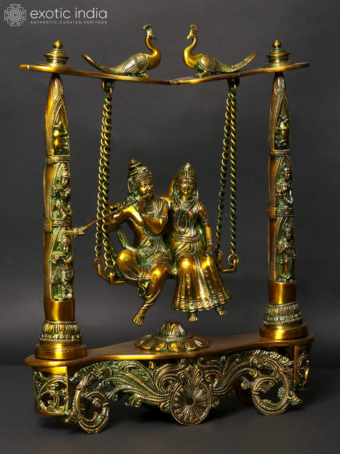 18" Brass Radha Krishna Statue on Peacock Swing | Handmade