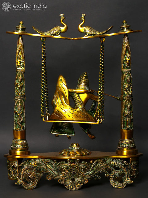 18" Brass Radha Krishna Statue on Peacock Swing | Handmade
