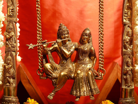 18" Brass Radha Krishna Statue on Peacock Swing | Handmade