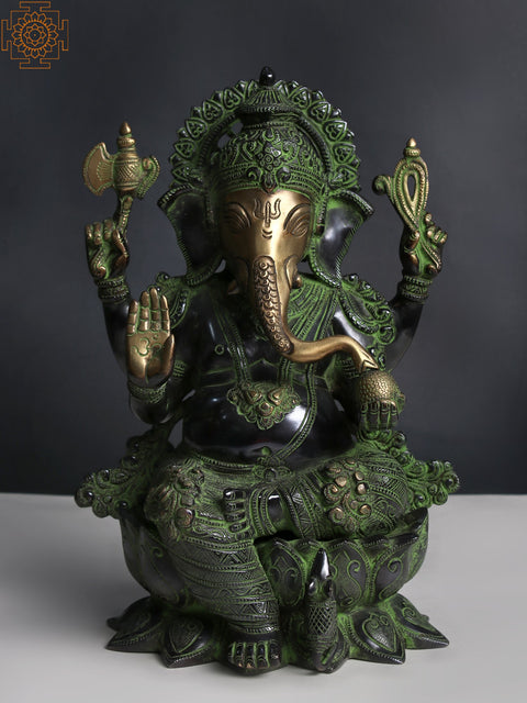 12" Ashirwad Kamalasana Ganesha Brass Sculpture | Handmade