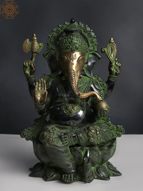 12" Handmade Ganesha on Kamalasana Brass Idol for Pooja
