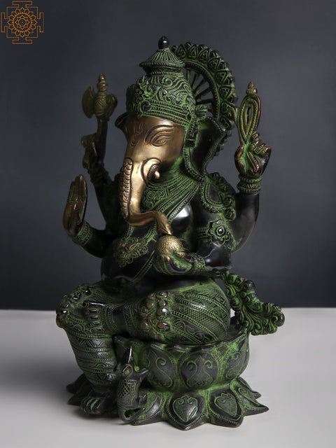 12" Ashirwad Kamalasana Ganesha Brass Sculpture | Handmade
