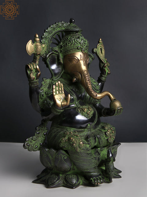 12" Ashirwad Kamalasana Ganesha Brass Sculpture | Handmade