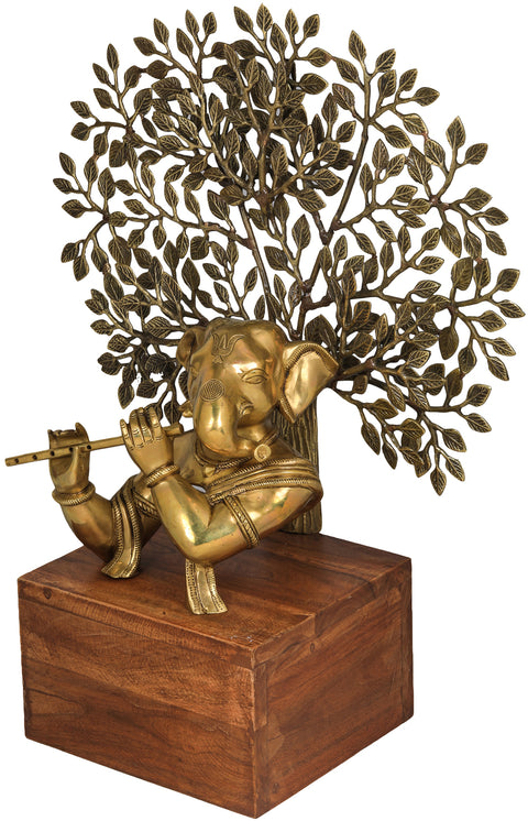 24" Stylized Ganesha Playing Flute Against the Backdrop of a Tree | Handmade Brass Idol