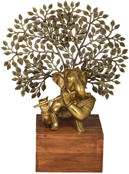 24" Handmade Ganesha Playing Flute Brass Idol with Tree Backdrop