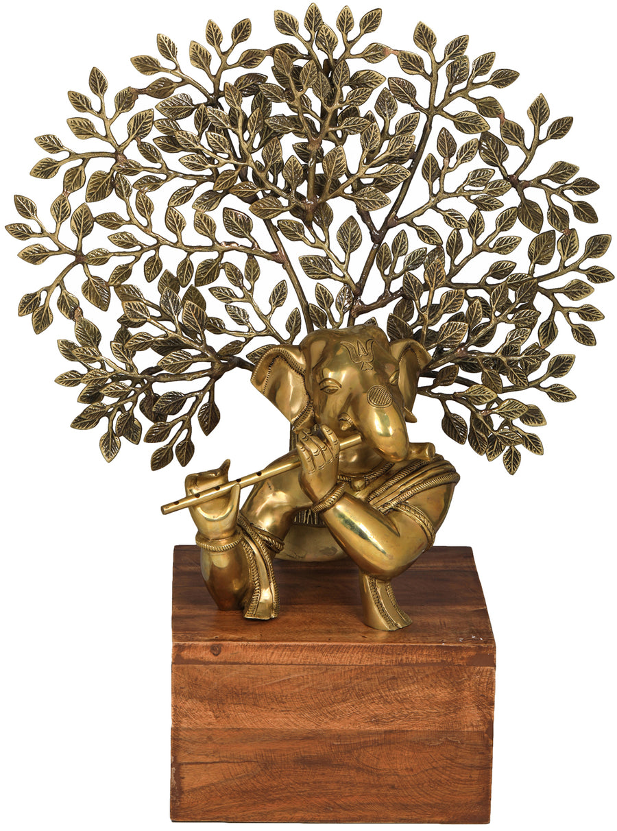 24" Handmade Ganesha Playing Flute Brass Idol with Tree Backdrop