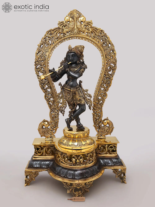 31" Brass Krishna Murli Statue with Peacock Prabhawali Pedestal