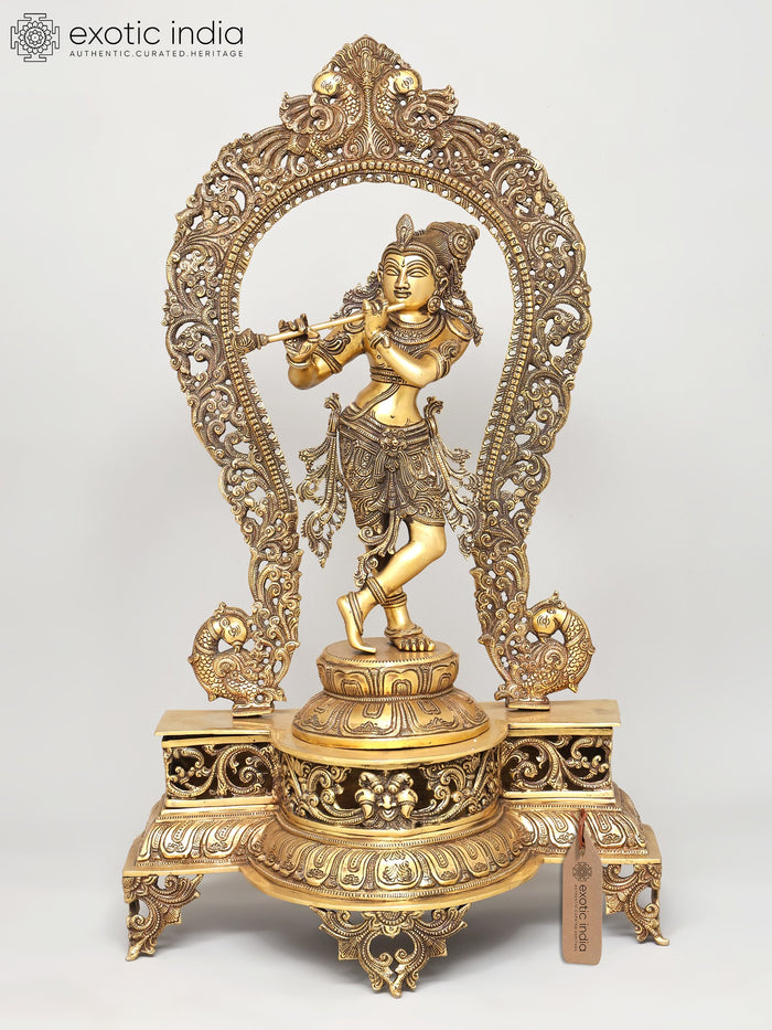 31" Brass Krishna Murli Statue with Peacock Prabhawali Pedestal