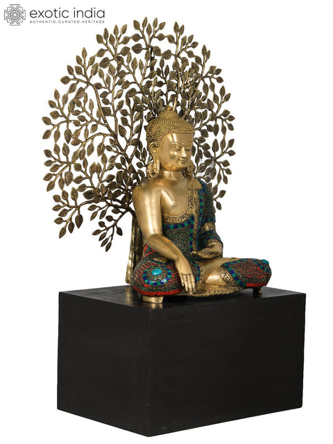 Bhumisparsha Buddha Idol Seated on Wooden Base with Elaborate Bodhi Tree