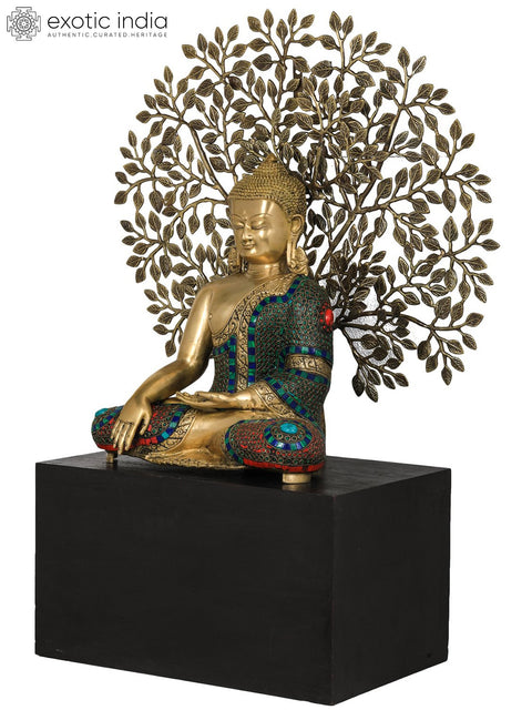 Bhumisparsha Buddha Idol Seated on Wooden Base with Elaborate Bodhi Tree