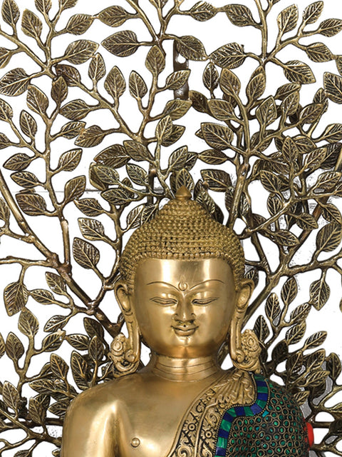 Bhumisparsha Buddha Idol Seated on Wooden Base with Elaborate Bodhi Tree