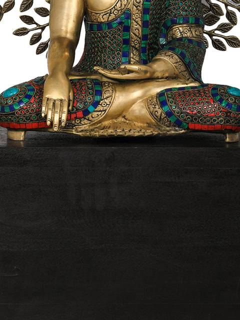 Bhumisparsha Buddha Idol Seated on Wooden Base with Elaborate Bodhi Tree