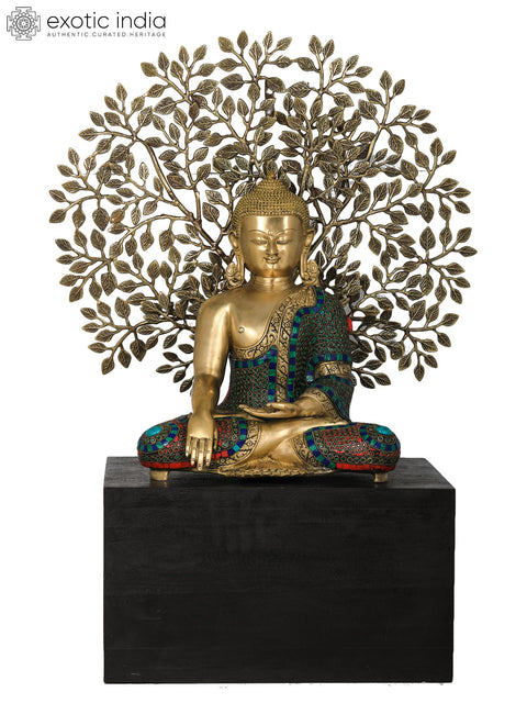 Bhumisparsha Buddha Idol Seated on Wooden Base with Elaborate Bodhi Tree