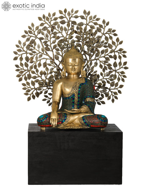 Bhumisparsha Buddha Brass Idol with Wooden Base and Bodhi Tree