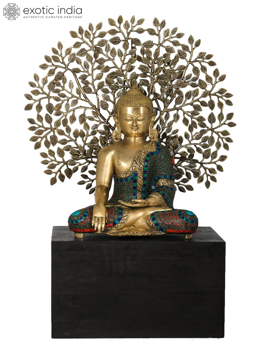 Bhumisparsha Buddha Brass Idol with Wooden Base and Bodhi Tree