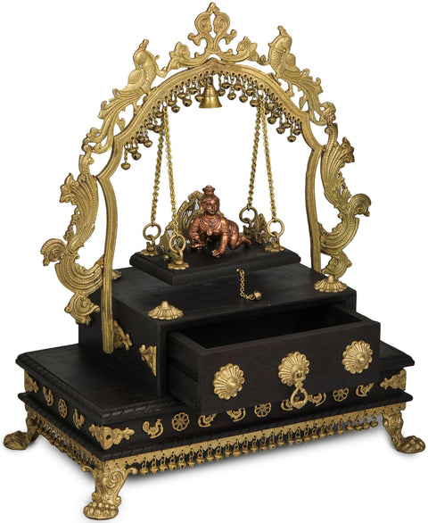 26" Unique Swing Temple of Laddu Gopala with High Peacock Arch in Brass | Handmade