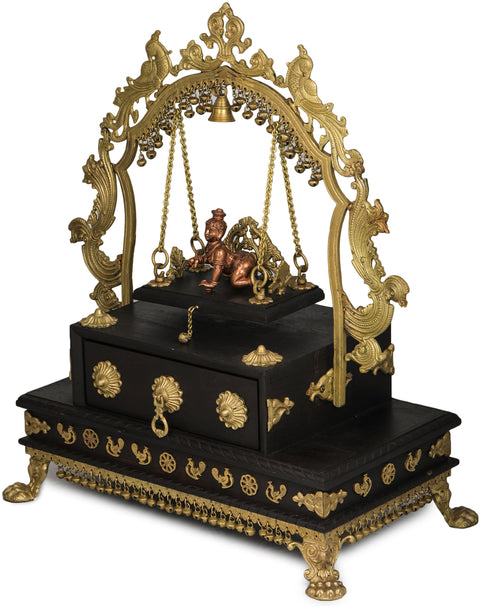 26" Unique Swing Temple of Laddu Gopala with High Peacock Arch in Brass | Handmade