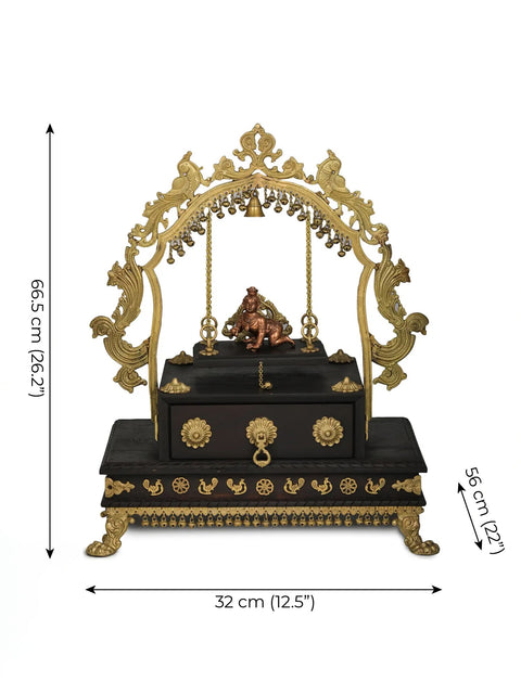 26" Unique Swing Temple of Laddu Gopala with High Peacock Arch in Brass | Handmade