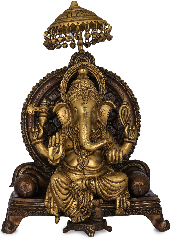 17" Handmade King Ganesha Seated on Royal Throne Brass Statue