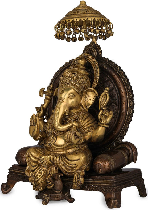 17" King Ganesha Seated on Royal Throne In Brass | Handmade | Made In India