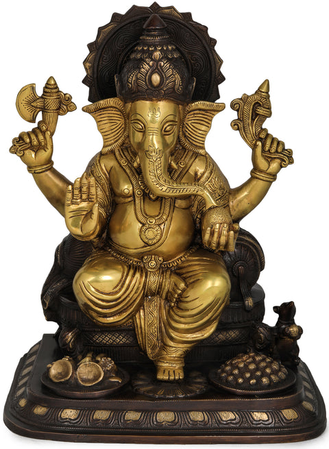 Ganesha Seated on Cushion Throne In Brass | Handmade | Made In India