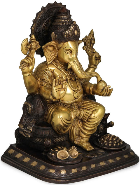 Ganesha Seated on Cushion Throne In Brass | Handmade | Made In India