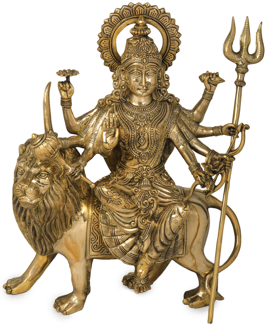 19" Handmade Brass Simhavahini Durga Statue for Home Pooja