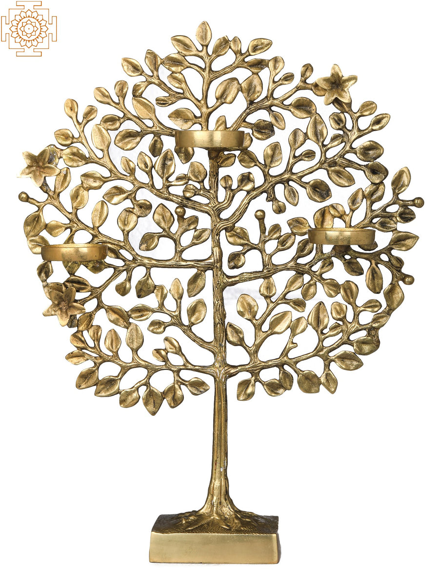 Three Wax Diyas Holder Tree of Life Brass Stand