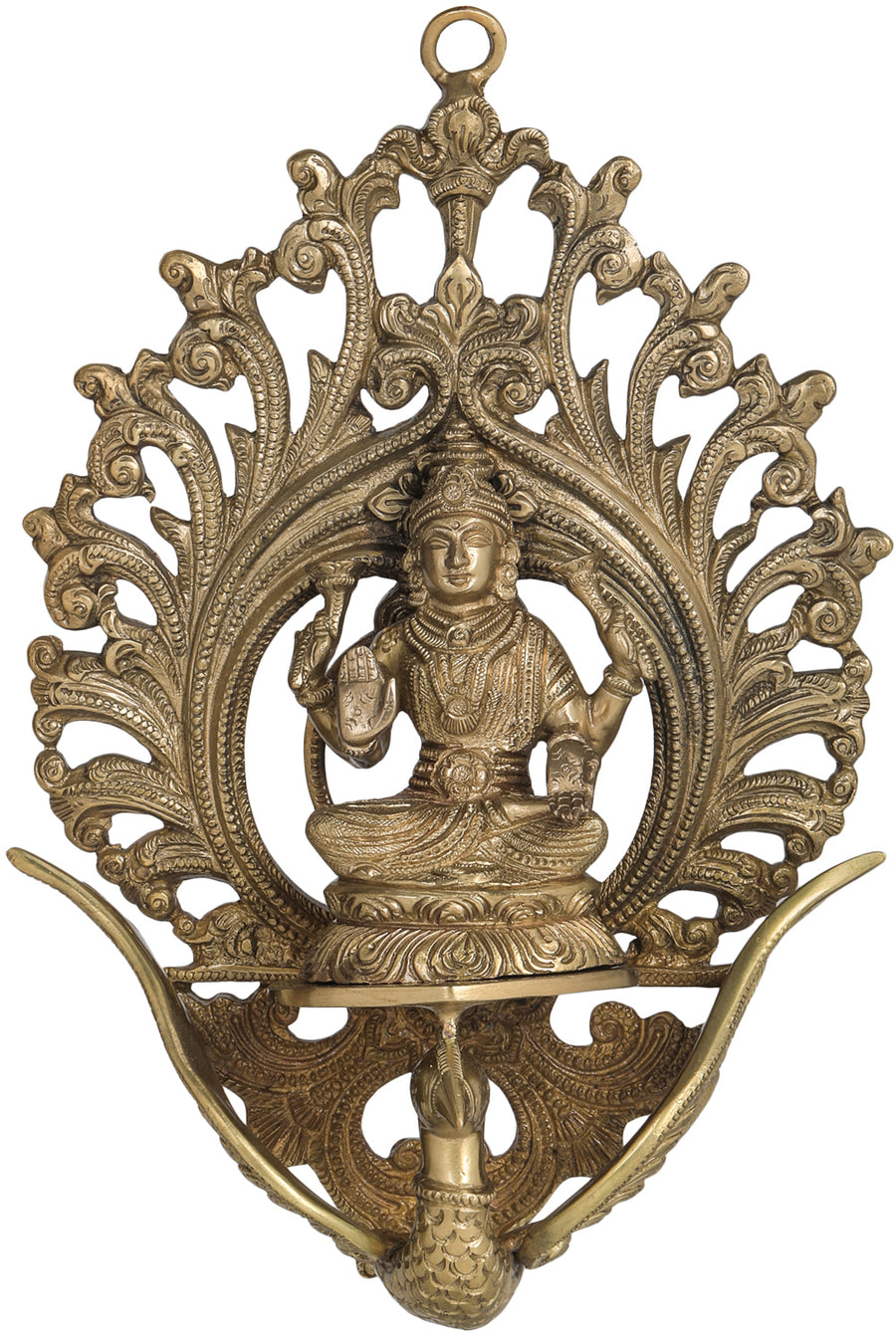 11" Brass Goddess Lakshmi Wall Hanging - Seated on Flying Swan