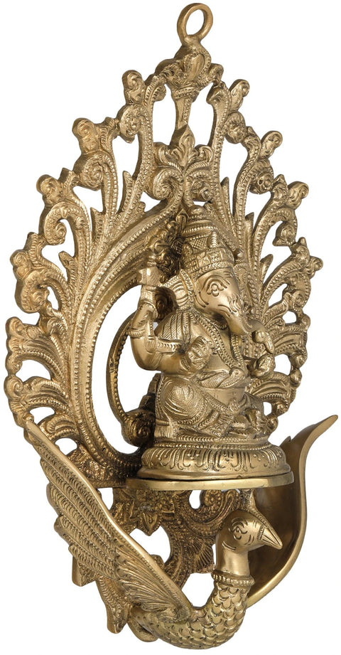 11" Lord Ganesha Seated on Flying Swan (Wall Hanging) In Brass | Handmade | Made In India