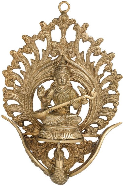 11" Goddess Saraswati Flying Swan Brass Wall Hanging