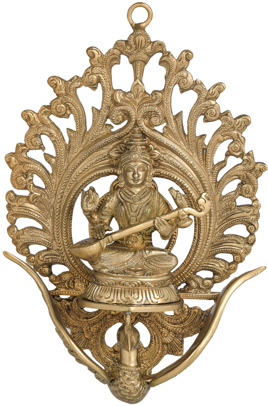 11" Goddess Saraswati Flying Swan Brass Wall Hanging