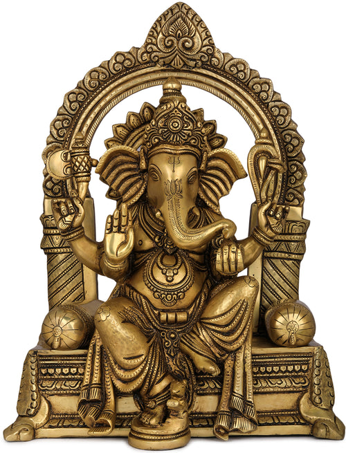 16" Raja Ganesha Viraajman Brass Statue on Singhasan Throne Handmade