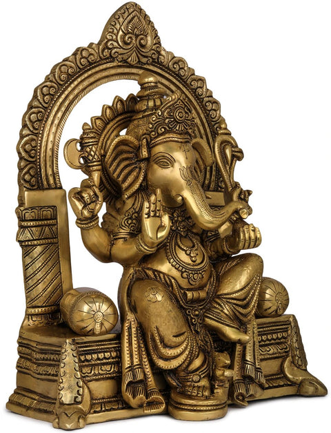 16" Raja Ganesha Viraajman on Singhasan in Brass | Handmade | Made in India