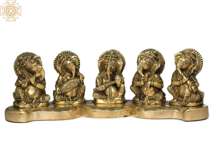 3" Five Musical Ganeshas Brass Statue Handmade