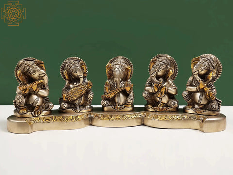 3" Five Musical Ganeshas In Brass | Handmade | Made In India