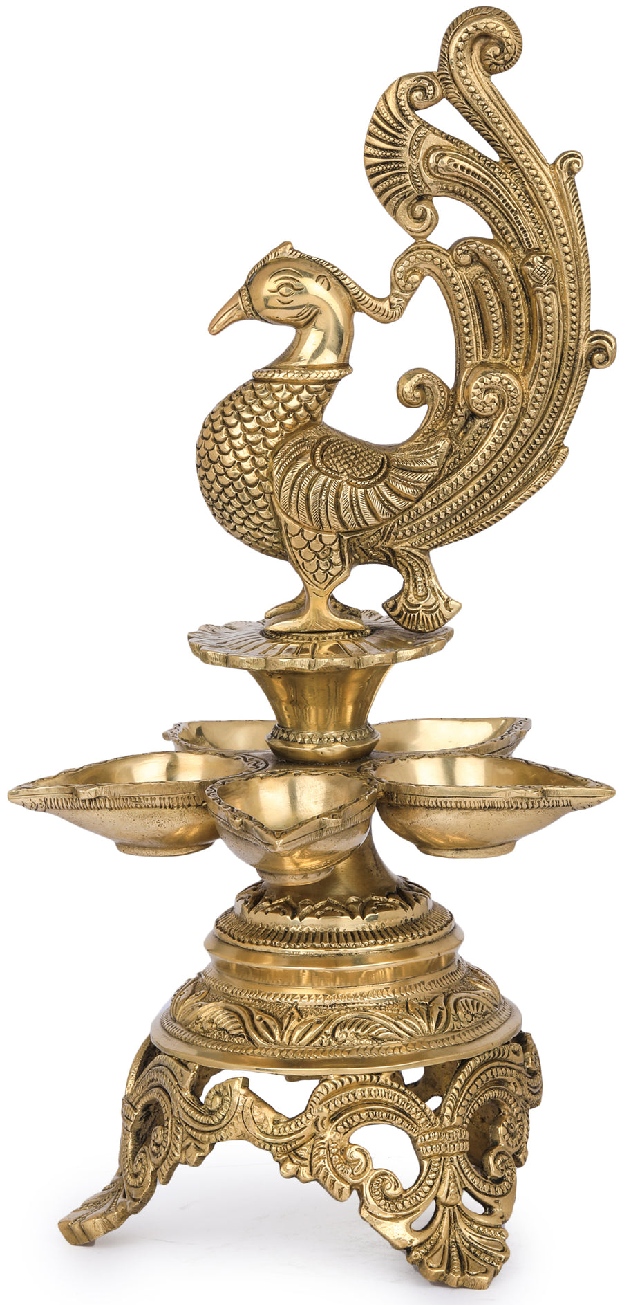 13" Brass Five Wick Peacock Lamp Handmade