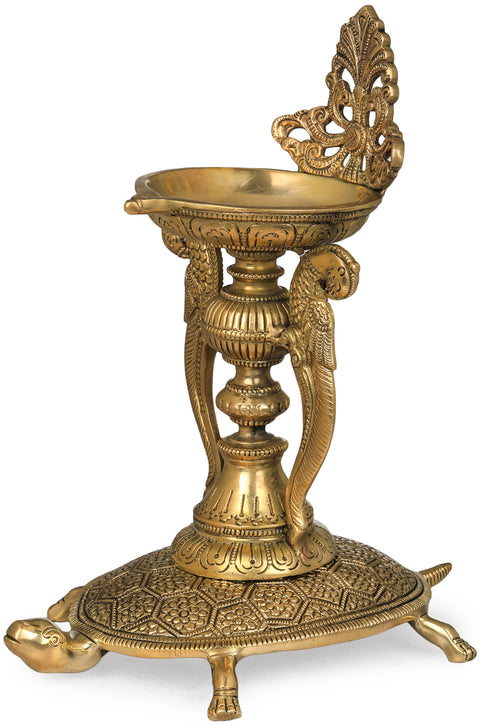 Delightful Vastu Parrot Tall Lamp on Carved Tortoise